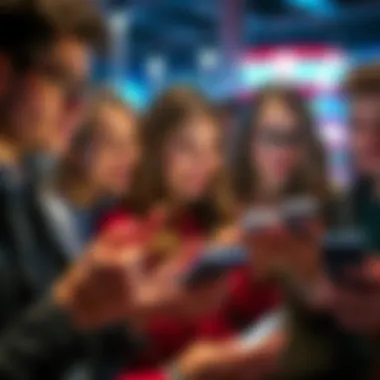 Group of people looking at gambling apps on their smartphones, showing mixed emotions of excitement and concern