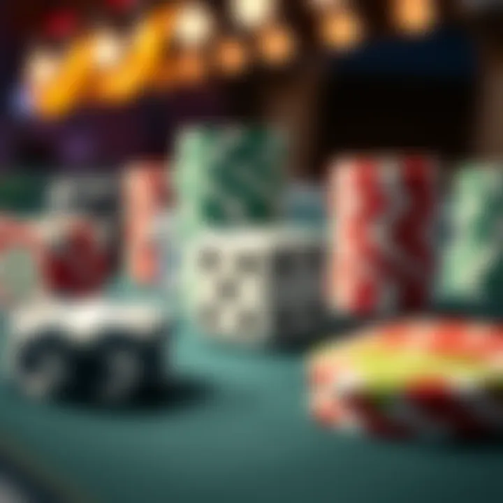 A close-up of colorful dice and stacked betting chips, symbolizing gambling strategies and risk management
