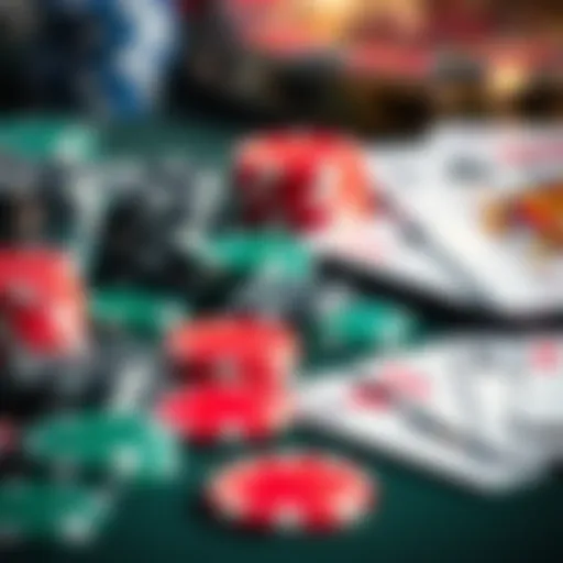 A close-up of colorful gambling chips and playing cards on a table, symbolizing the highs and lows of gambling.