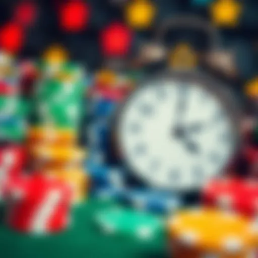 A close-up of colorful gambling chips next to a clock, symbolizing time management in gambling