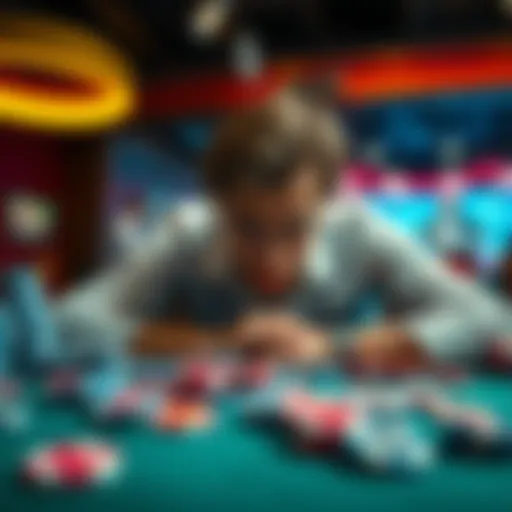 A person sitting at a table with gambling chips scattered around, looking frustrated and defeated.
