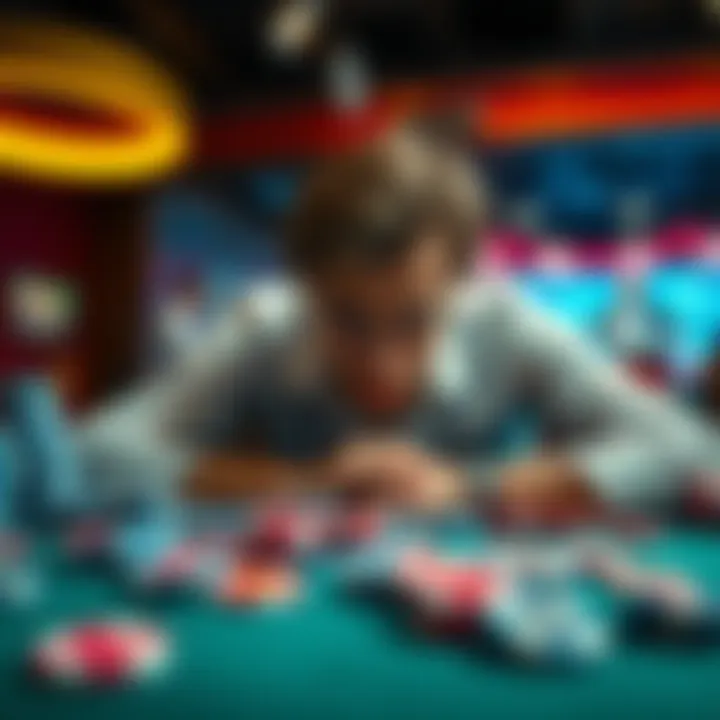 Gambling Chips and a Dejected Person A person sitting at a table with gambling chips scattered around, looking frustrated and defeated.