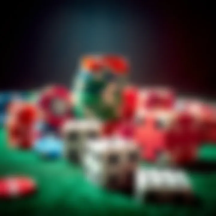 A stack of colorful gambling chips beside a pair of dice on a green felt table