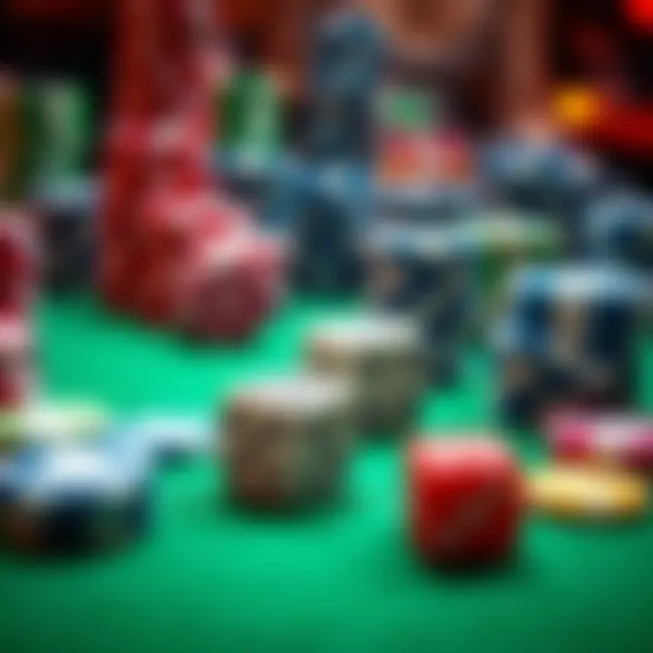 A close-up view of colorful gambling chips and dice on a green felt table, representing the fun and risk of gambling.