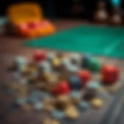 A pile of coins and colorful dice scattered on a wooden table, representing gambling winnings and losses