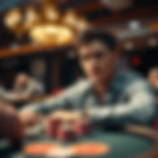 A person looking relieved while sitting at a gambling table after a recent winning streak, with chips stacked in front of them and a focused expression.