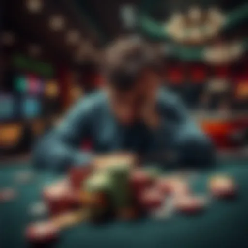 A stressed person sitting at a casino table, with chips scattered and a worried expression, symbolizing the struggles of gambling addiction.