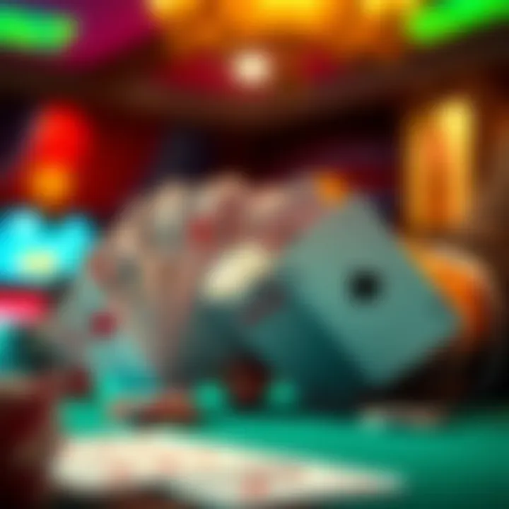 A close-up of a hand holding poker chips and playing cards, showing the tension of making a betting decision, with a blurred casino background.