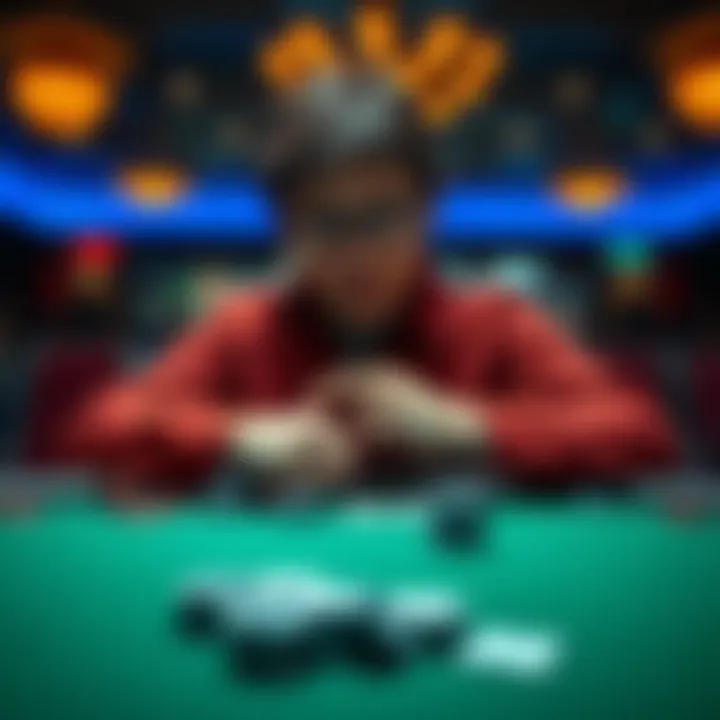 A person sits at a table with poker chips and cards, looking conflicted about continuing to gamble or cashing out.