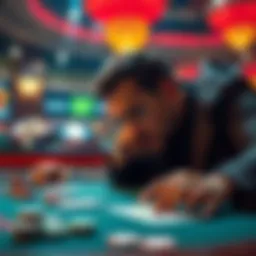 A person contemplating a decision at a casino with chips and cards on the table.