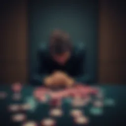 A person sitting alone at a table with scattered poker chips and a defeated expression, highlighting the emotional toll of gambling addiction.