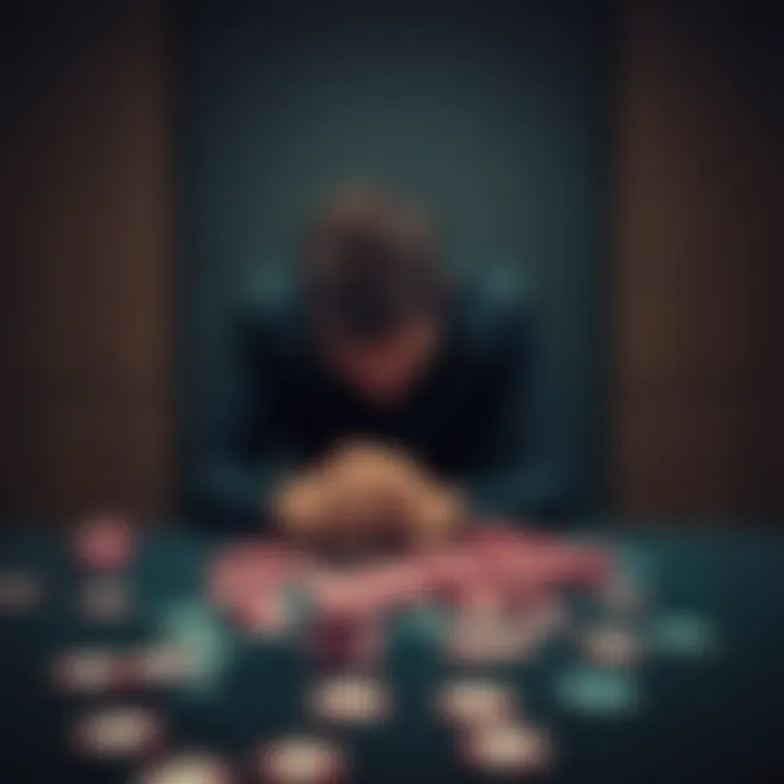 A person sitting alone at a table with scattered poker chips and a defeated expression, highlighting the emotional toll of gambling addiction.