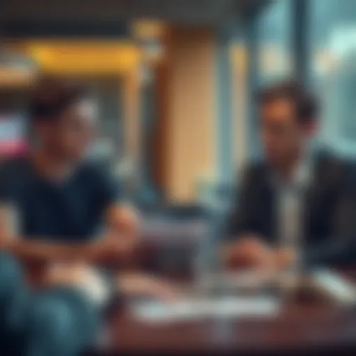 Two people sitting at a table discussing gambling problems, one holding a notepad, with a concerned expression.