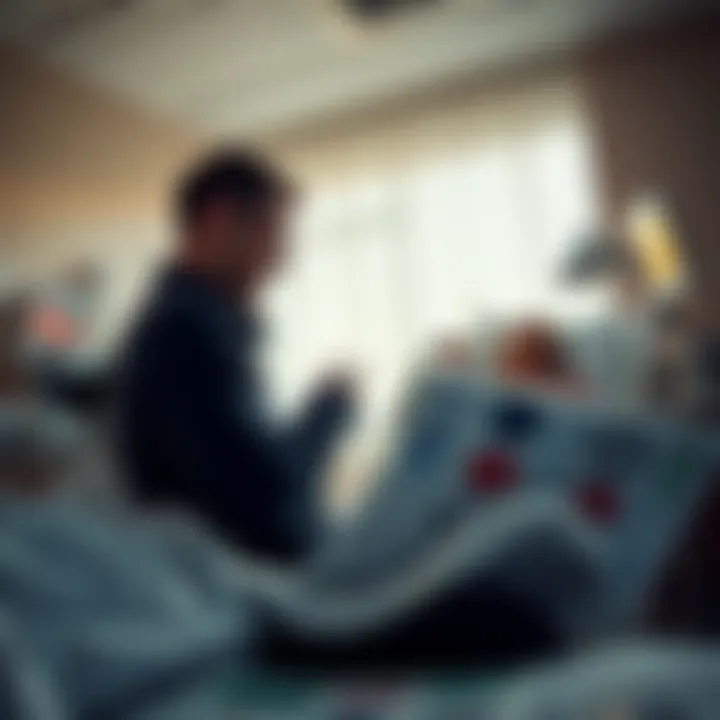 A man experiencing a thrilling moment playing Keno while his partner gives birth in a hospital room, celebrating a big win.