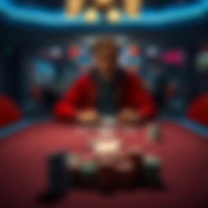 A person sitting alone at a gaming table looking contemplative, surrounded by chips and cards, reflecting feelings of numbness and loneliness associated with gambling.