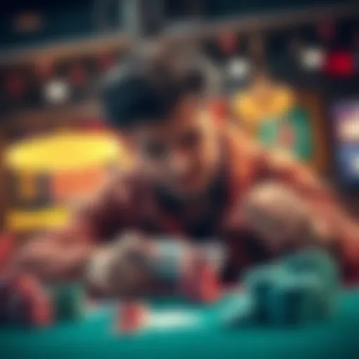 A player feeling distressed while looking at gambling chips and cards, reflecting on losses and struggles with impulsivity.