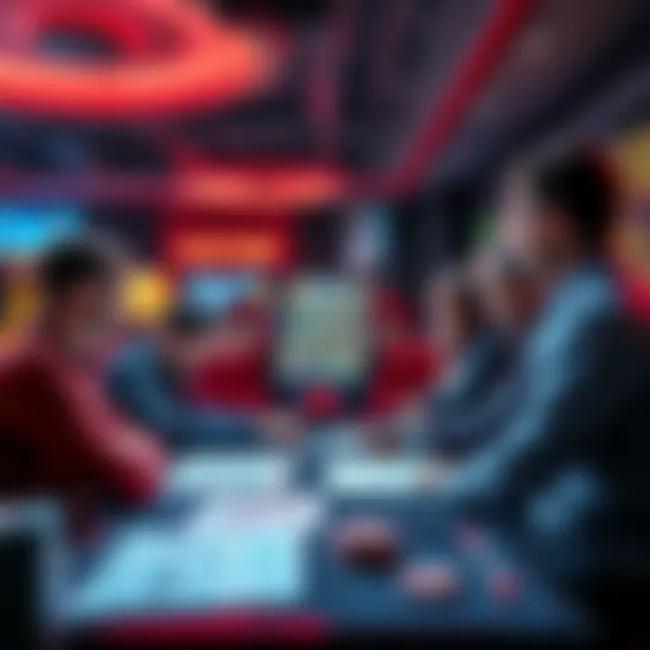 Group of people discussing gambling feature purchases at a table with charts and game screens