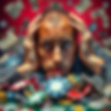 A worried individual surrounded by gambling chips and cash, showing signs of financial struggle due to gambling.