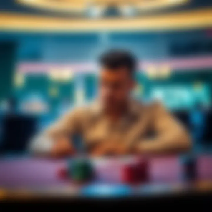 Individual sitting at a table with cards and chips, contemplating choices, showing signs of concern about gaming decisions