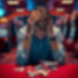 Gambling Loss A distressed person holding their head in their hands, with a casino background showing slot machines and chips scattered on a table.