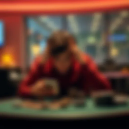 A person sitting at a table with their head in their hands, looking stressed while reviewing gambling losses on a smartphone.