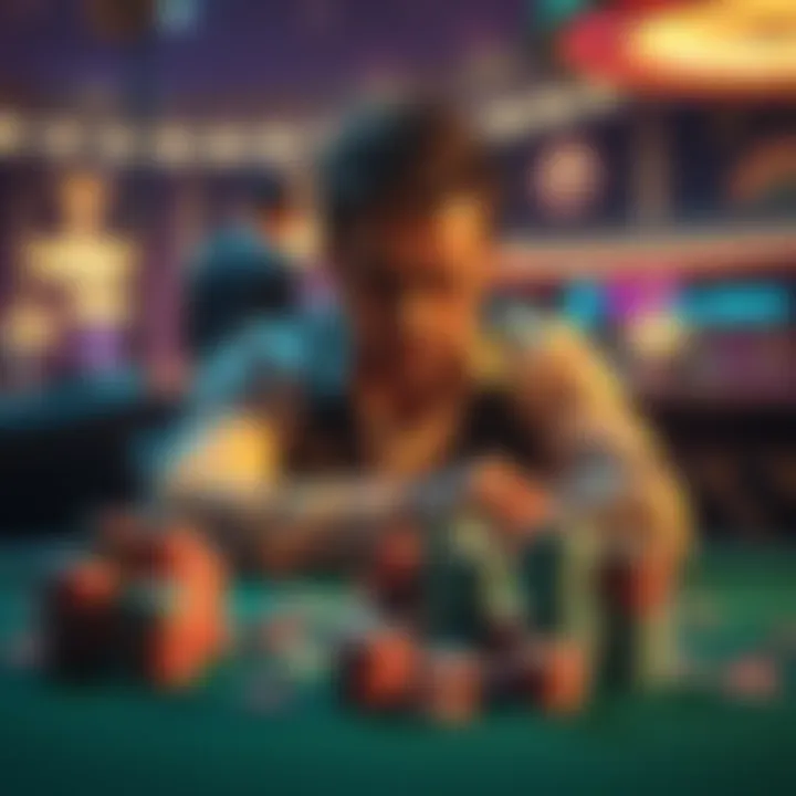 A somber player sitting at a casino table, looking dejected after losing money, with stacks of chips scattered around him.