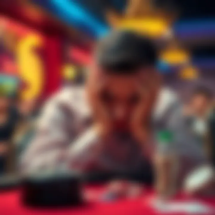 A person sitting at a table with their head in their hands, looking distressed after losing money while gambling.