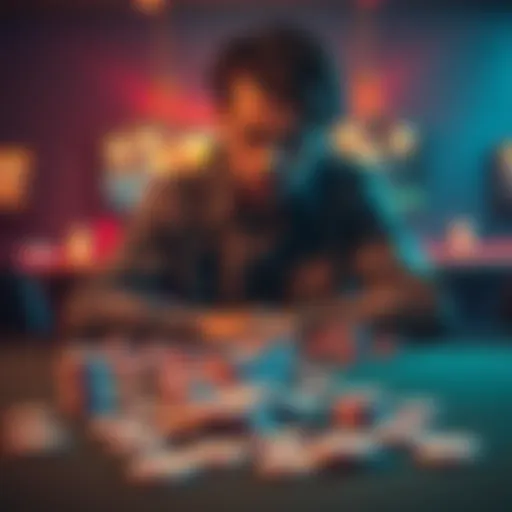 A person sitting at a table with scattered poker chips and a sad expression, symbolizing financial loss from gambling.