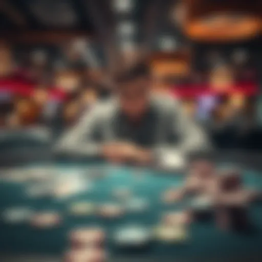 A person sitting at a gambling table looking disappointed after losing money, with chips and cards scattered on the table.