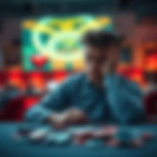 Individual sitting at a table looking worried with gambling chips scattered around
