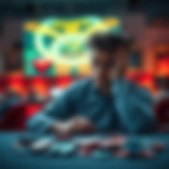 Person feeling stressed about gambling losses Individual sitting at a table looking worried with gambling chips scattered around