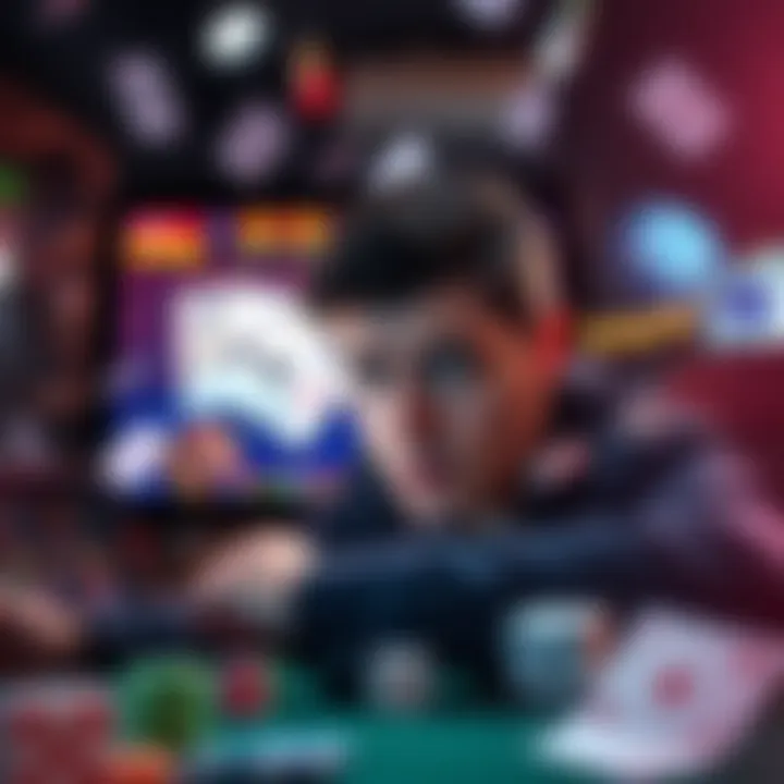 A person looking frustrated at a computer screen while gambling online, surrounded by images of playing cards and dice.