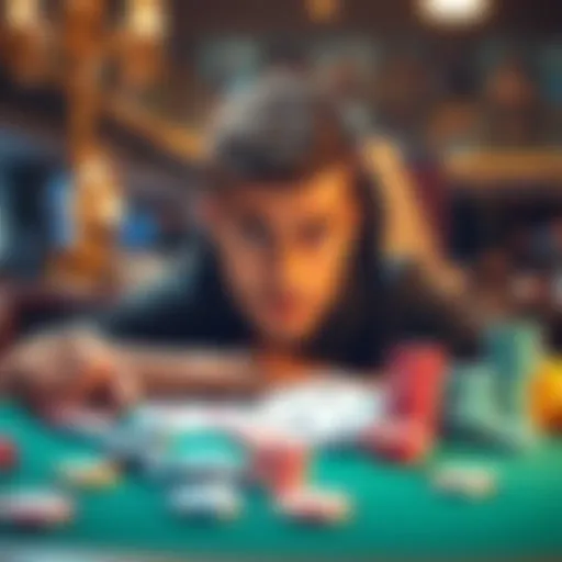 A person looking worried at a table with playing cards and chips, symbolizing the challenges of gambling and financial loss