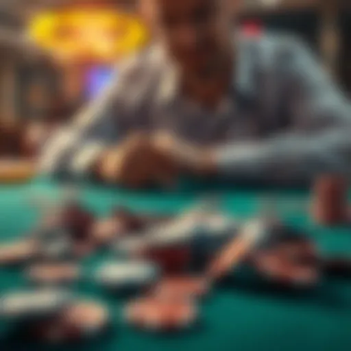 Individual examining lost gaming chips on a table, reflecting on gambling losses