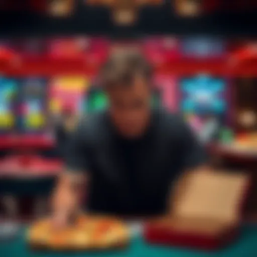 A person looking disappointed in front of a gambling table, with a pizza box on the side