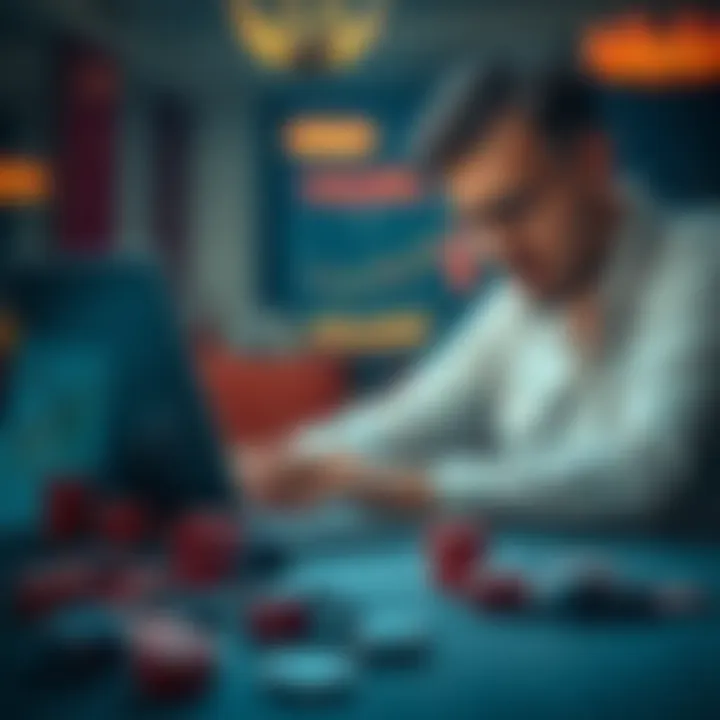 A worried gambler looking at their laptop, showing a financial loss report from an offshore casino, with gambling chips scattered on the table