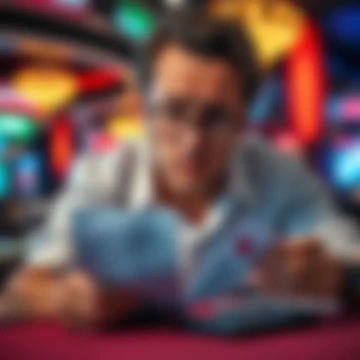 A person looking worried while reviewing gambling receipts and a calculator, symbolizing financial loss and the search for solutions.