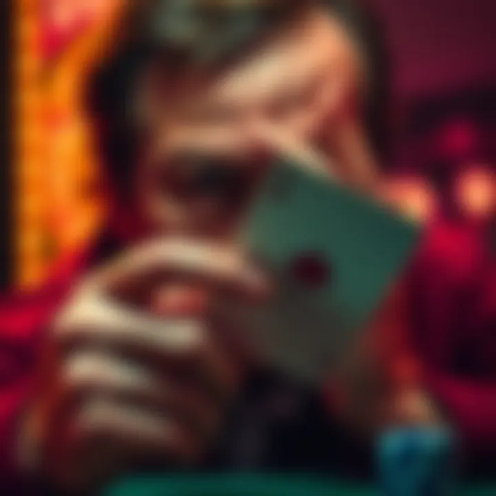 A person looking at a playing card with a worried expression, symbolizing bad decisions in gambling.