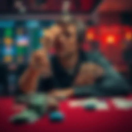 A distressed person looking at bills while sitting at a gambling table, symbolizing financial struggles caused by gambling.