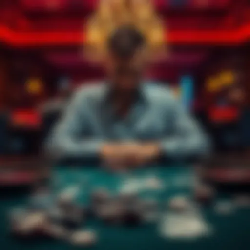 A person with a frustrated expression sitting at a gambling table surrounded by empty chip trays and scattered cards, showing the stress of financial losses due to gambling.