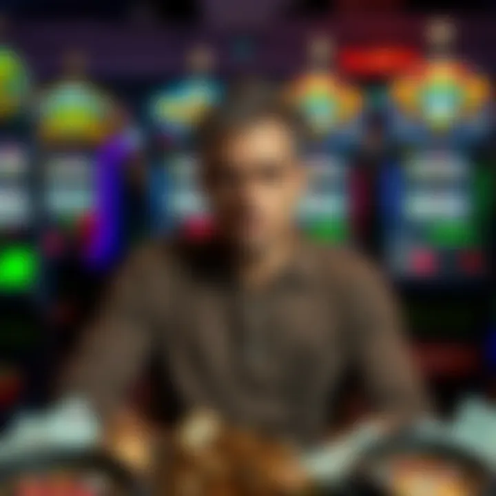 Gambling Recovery Setback A person sitting in front of a slot machine with a frustrated expression, showing signs of disappointment after losing money, surrounded by coins and bills.