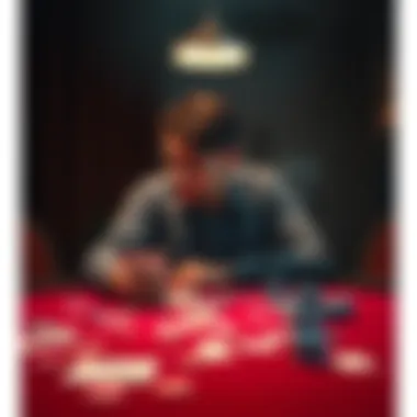 A person looking distressed while sitting at a table covered with playing cards and chips, reflecting on their gambling losses