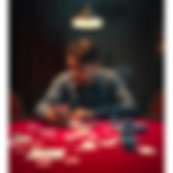 A person looking distressed while sitting at a table covered with playing cards and chips, reflecting on their gambling losses