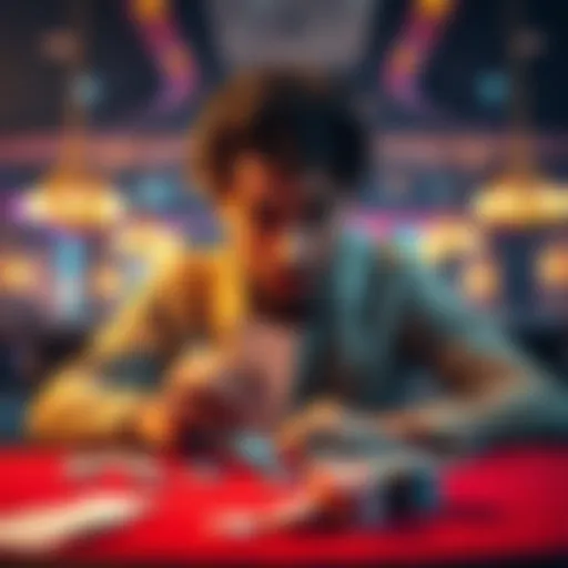A person sitting at a table with cards and chips looking worried, symbolizing the dangers of gambling.
