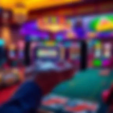 A person playing casino games on a smartphone with graphics of slot machines and cards visible on the screen.