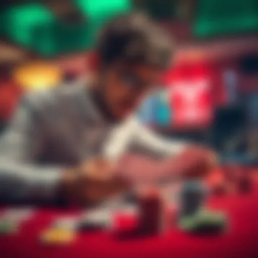 A player analyzing gambling strategies with cards and chips on a table, showing focus and concern about winning chances.