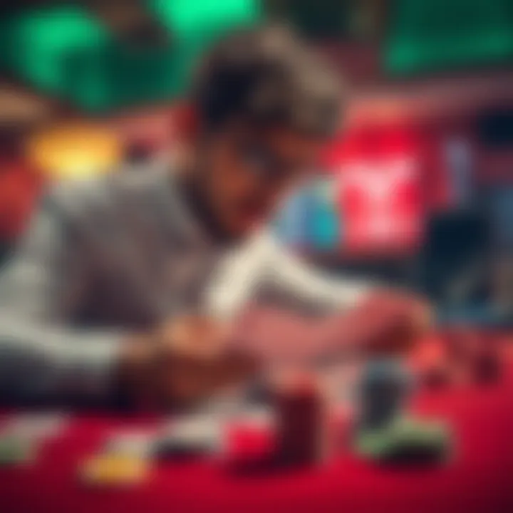 A player analyzing gambling strategies with cards and chips on a table, showing focus and concern about winning chances.