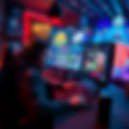 A gambling streamer sitting at a desk with a computer, showing engaging casino game graphics on the screen, highlighting the allure of online gambling.