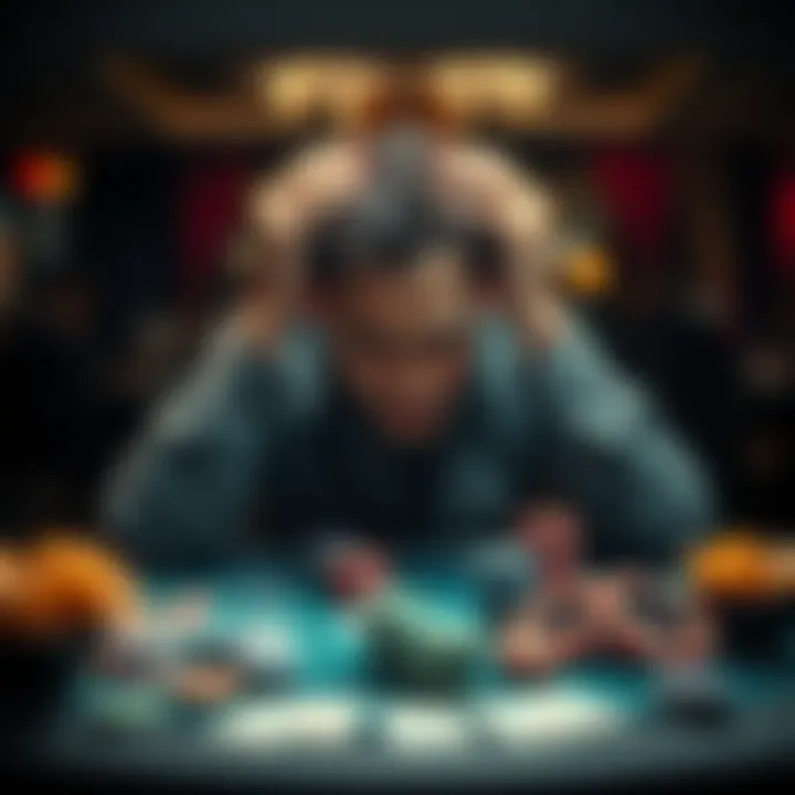 A person sitting at a poker table looking stressed and defeated while holding their head in their hands, surrounded by chips and cards