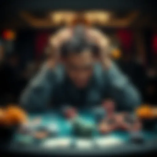 Gambling Struggles A person sitting at a poker table looking stressed and defeated while holding their head in their hands, surrounded by chips and cards